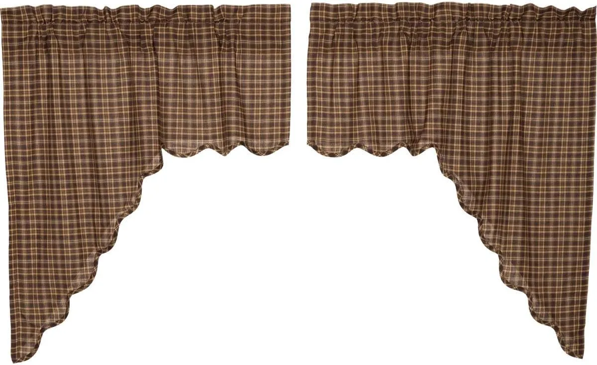 VHC Brands Prescott Rustic 36"x36"x16" Swag Pair Brown Rod Pocket Cotton Plaid Kitchen Window Curtains