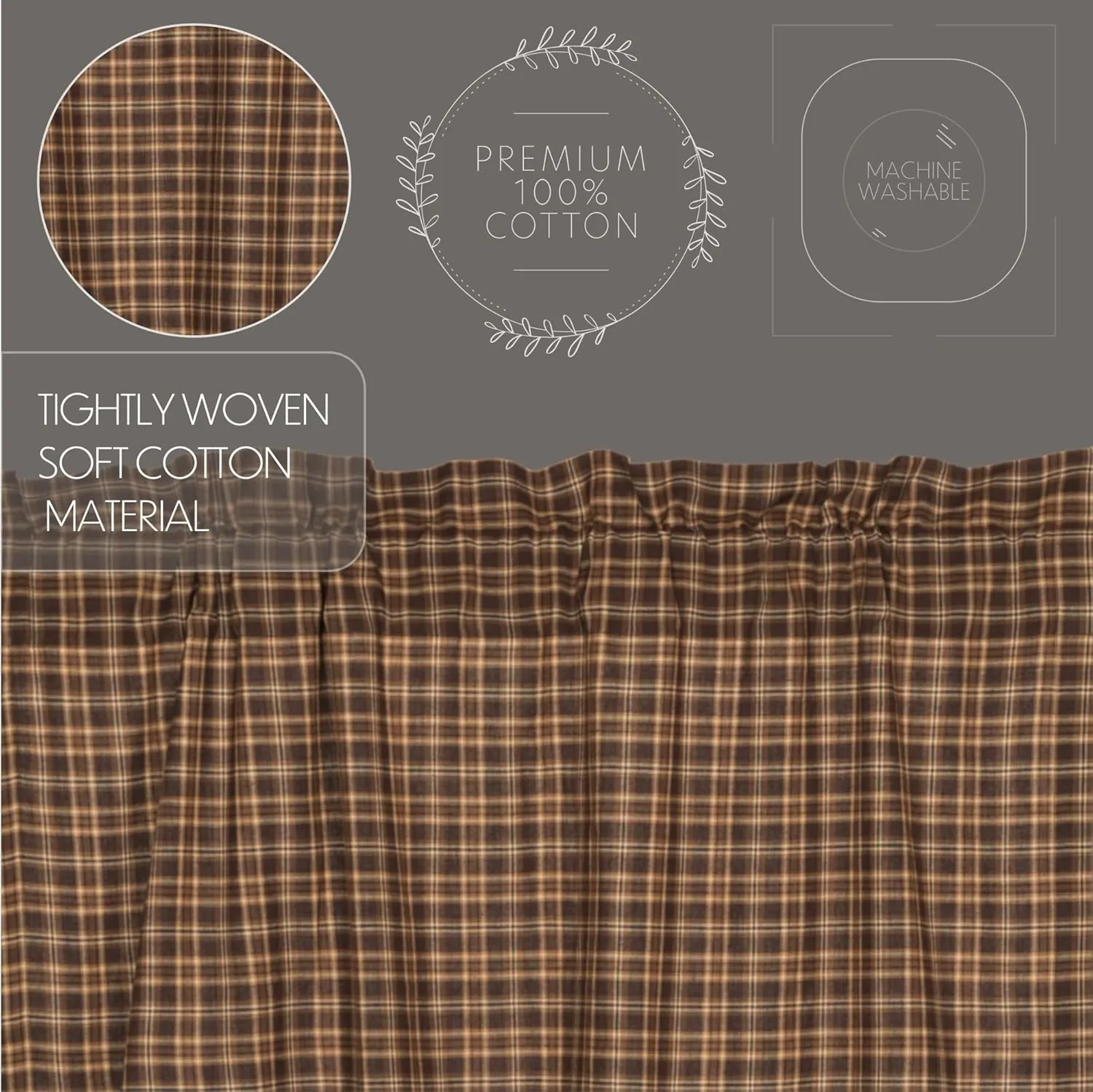 VHC Brands Prescott Rustic 36"x36"x16" Swag Pair Brown Rod Pocket Cotton Plaid Kitchen Window Curtains