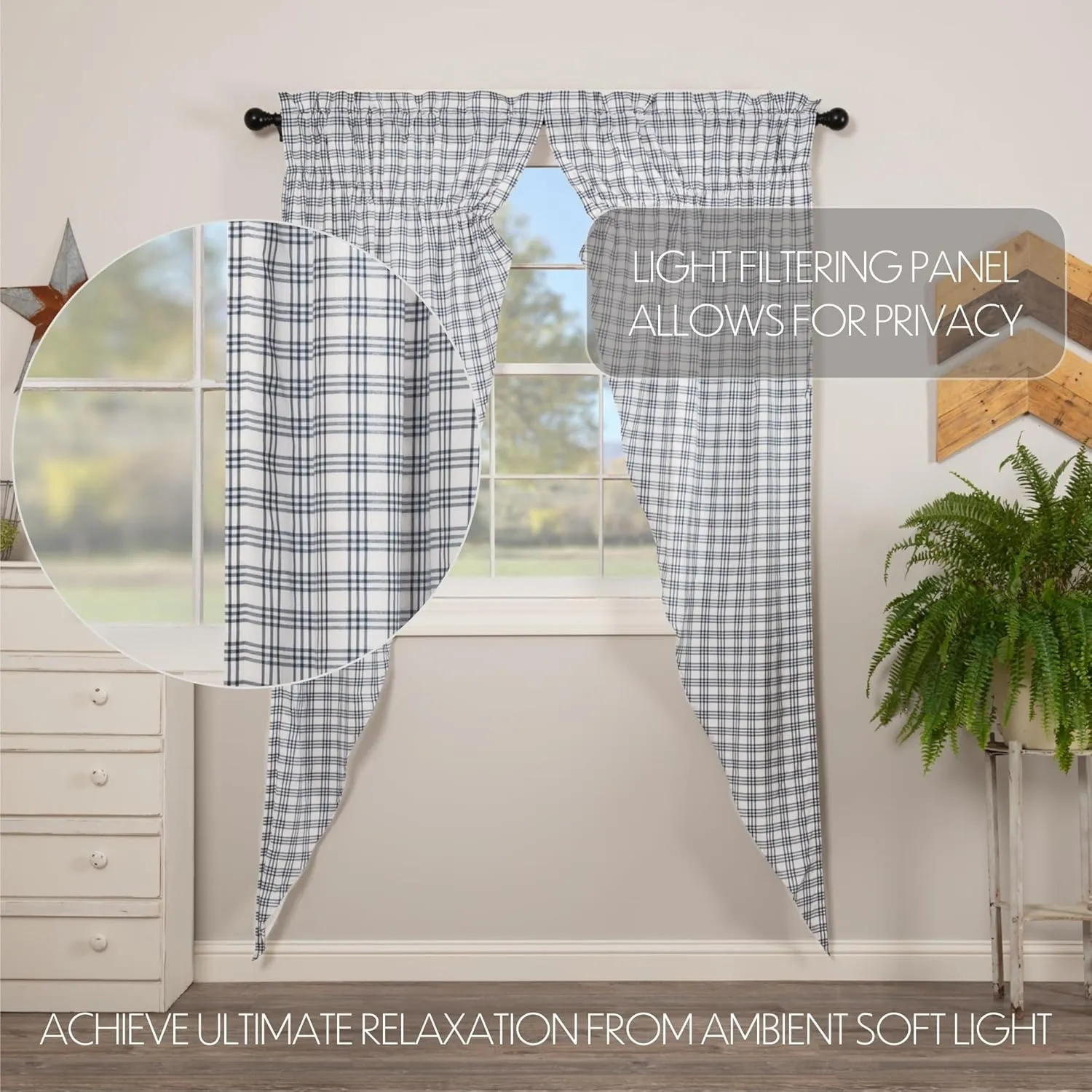 VHC Brands Sawyer Mill Plaid Cotton Farmhouse Bedroom Curtains Rod Pocket Drawstring Ties Prairie Panel Pair 84 Inches Long, Blue