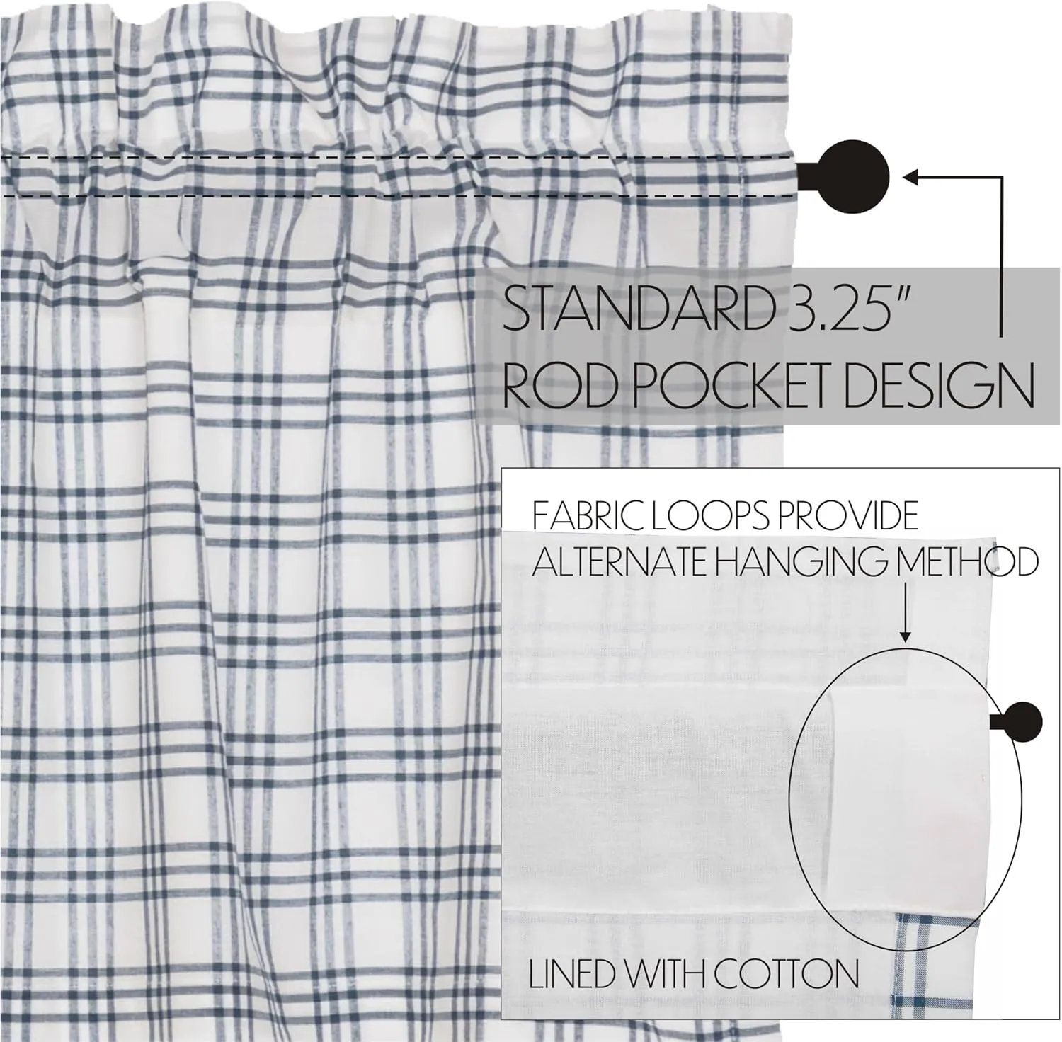 VHC Brands Sawyer Mill Plaid Cotton Farmhouse Bedroom Curtains Rod Pocket Drawstring Ties Prairie Panel Pair 84 Inches Long, Blue
