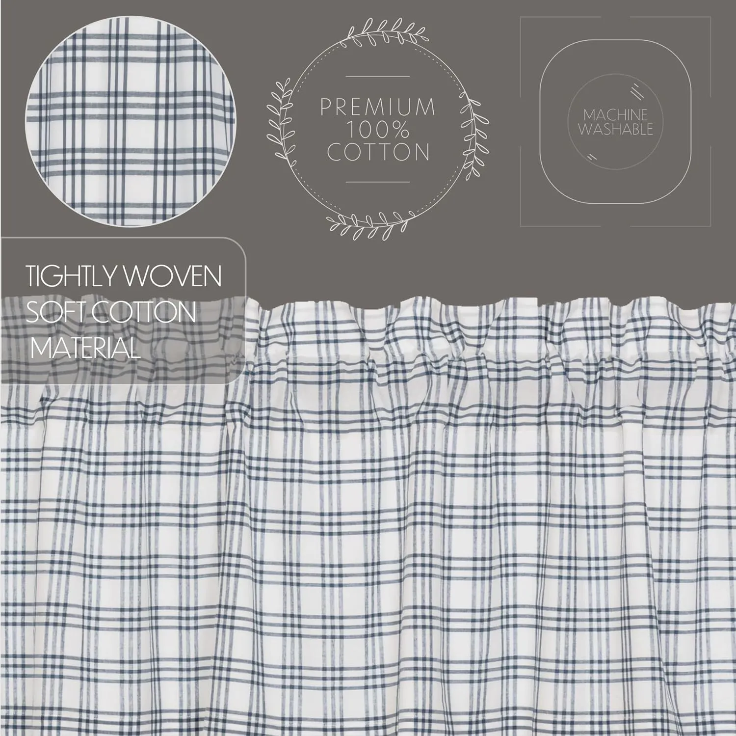 VHC Brands Sawyer Mill Plaid Cotton Farmhouse Bedroom Curtains Rod Pocket Drawstring Ties Prairie Panel Pair 84 Inches Long, Blue