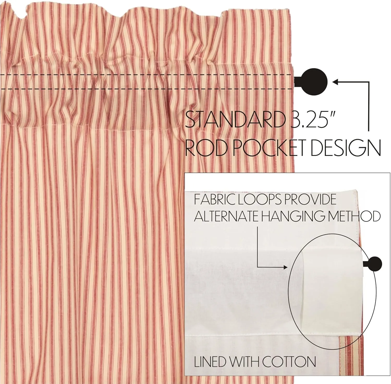 VHC Brands Sawyer Mill Red Kitchen Curtain Set 2 Lined Tiers Farmhouse Country 36 Inch Cotton Vintage Stripes