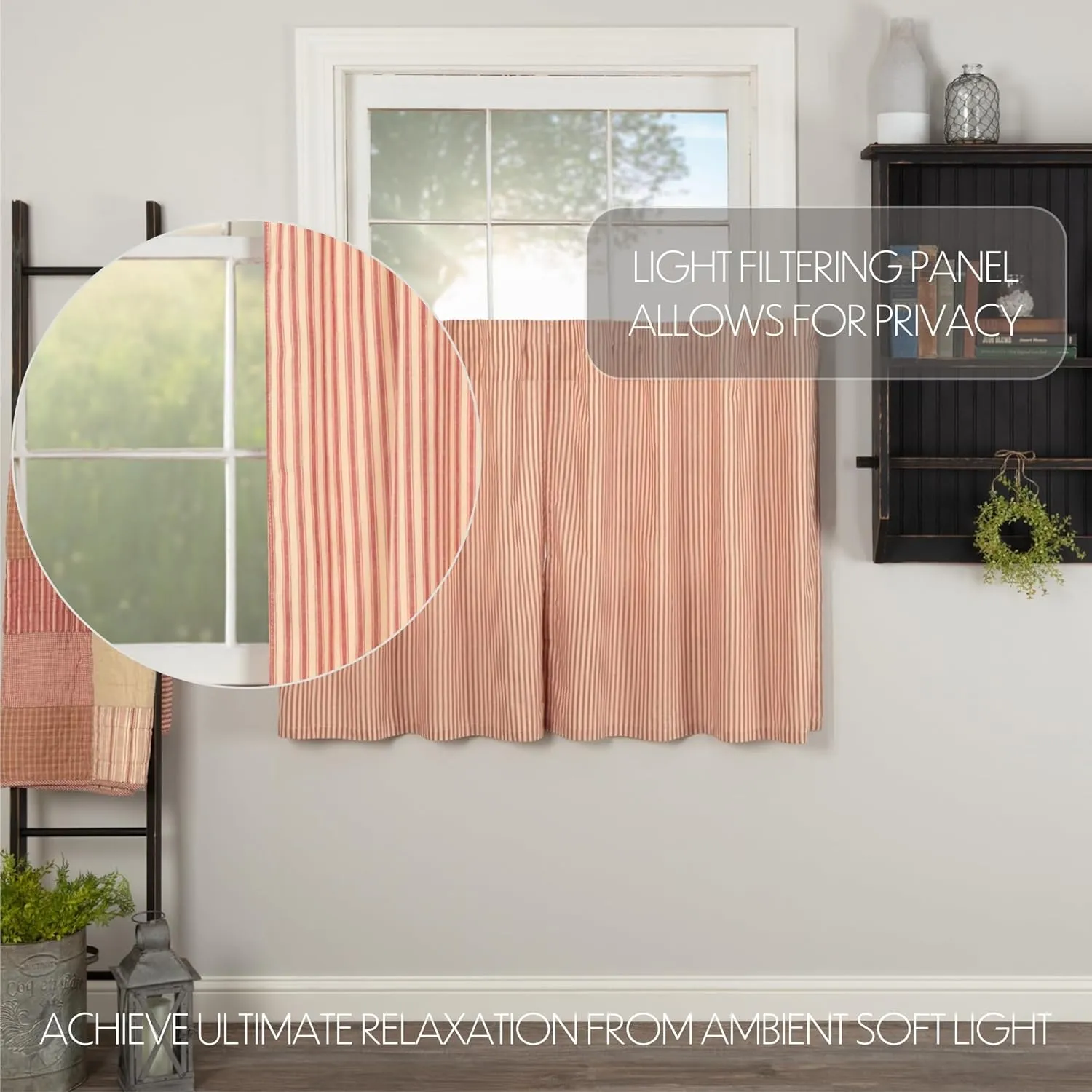VHC Brands Sawyer Mill Red Kitchen Curtain Set 2 Lined Tiers Farmhouse Country 36 Inch Cotton Vintage Stripes