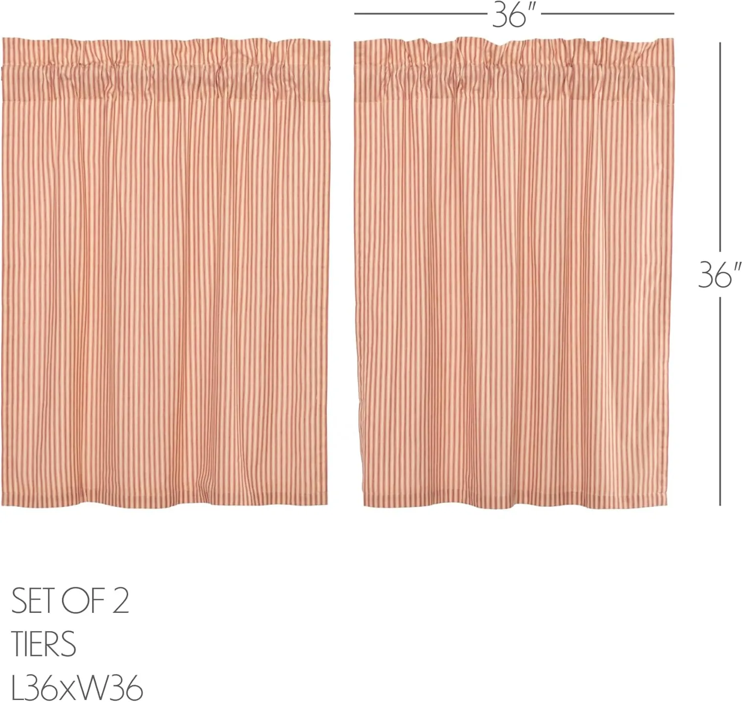 VHC Brands Sawyer Mill Red Kitchen Curtain Set 2 Lined Tiers Farmhouse Country 36 Inch Cotton Vintage Stripes