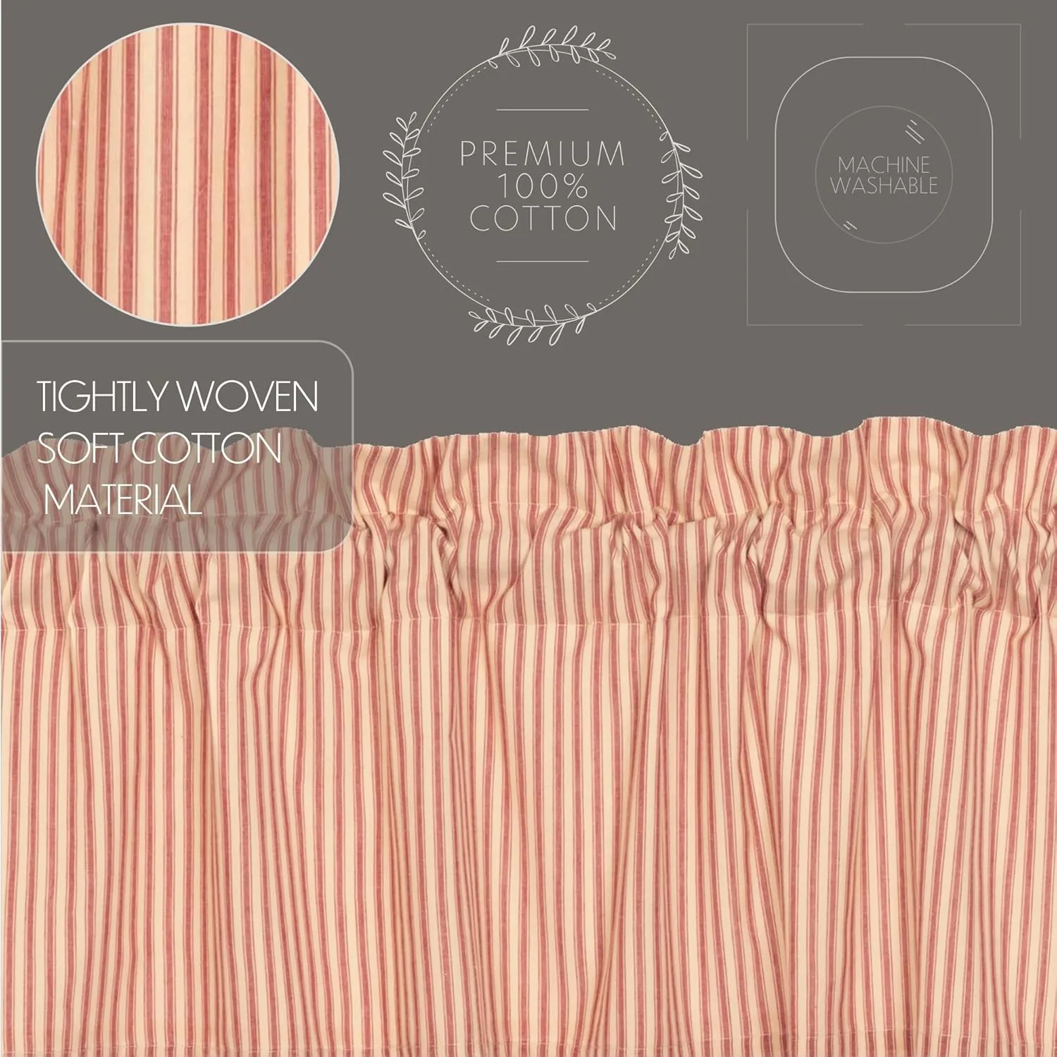 VHC Brands Sawyer Mill Red Kitchen Curtain Set 2 Lined Tiers Farmhouse Country 36 Inch Cotton Vintage Stripes