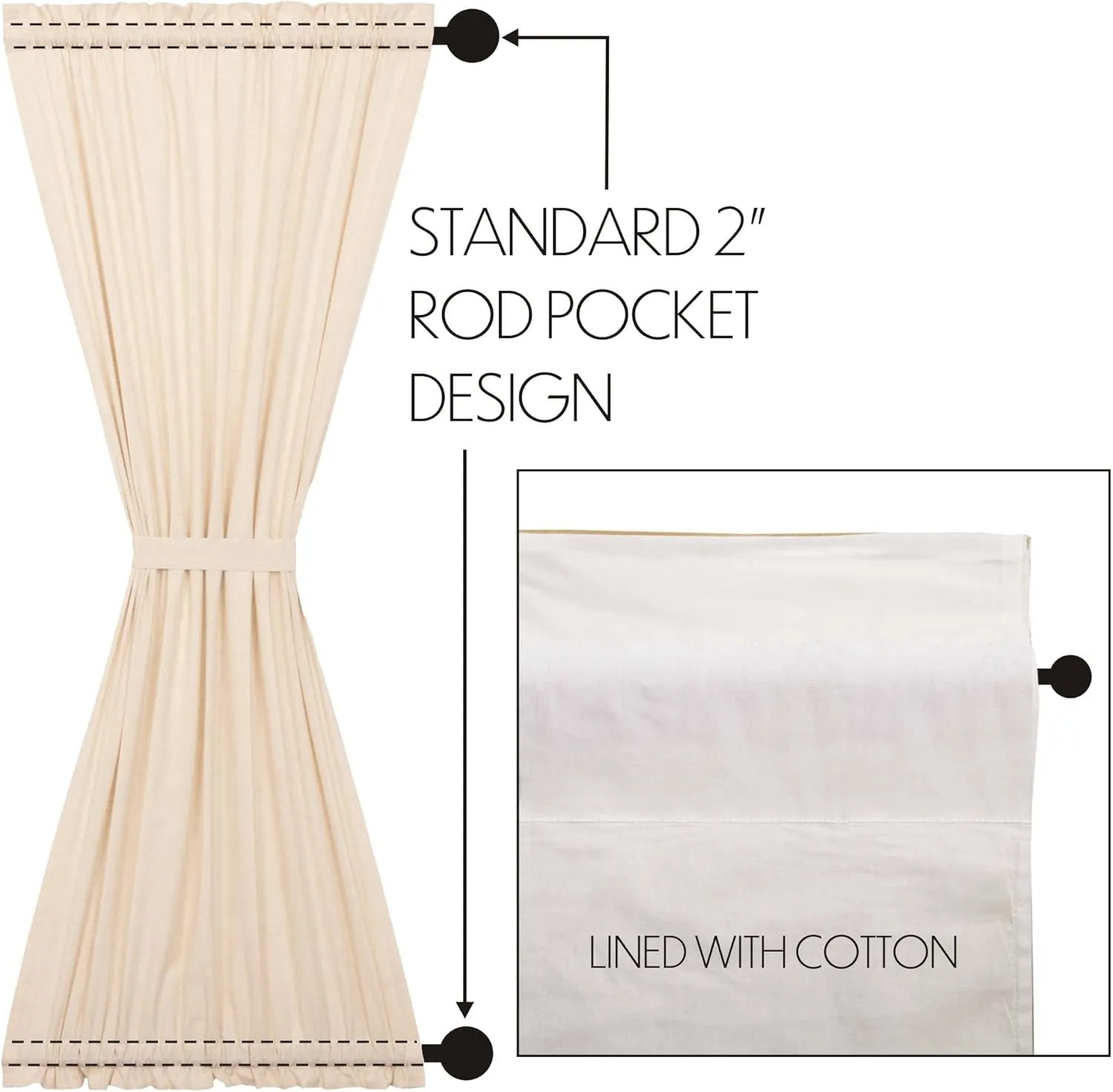 VHC Brands Simple Life Flax Natural Cotton Farmhouse French Door Panel Curtain for Patio Side Door 72x40