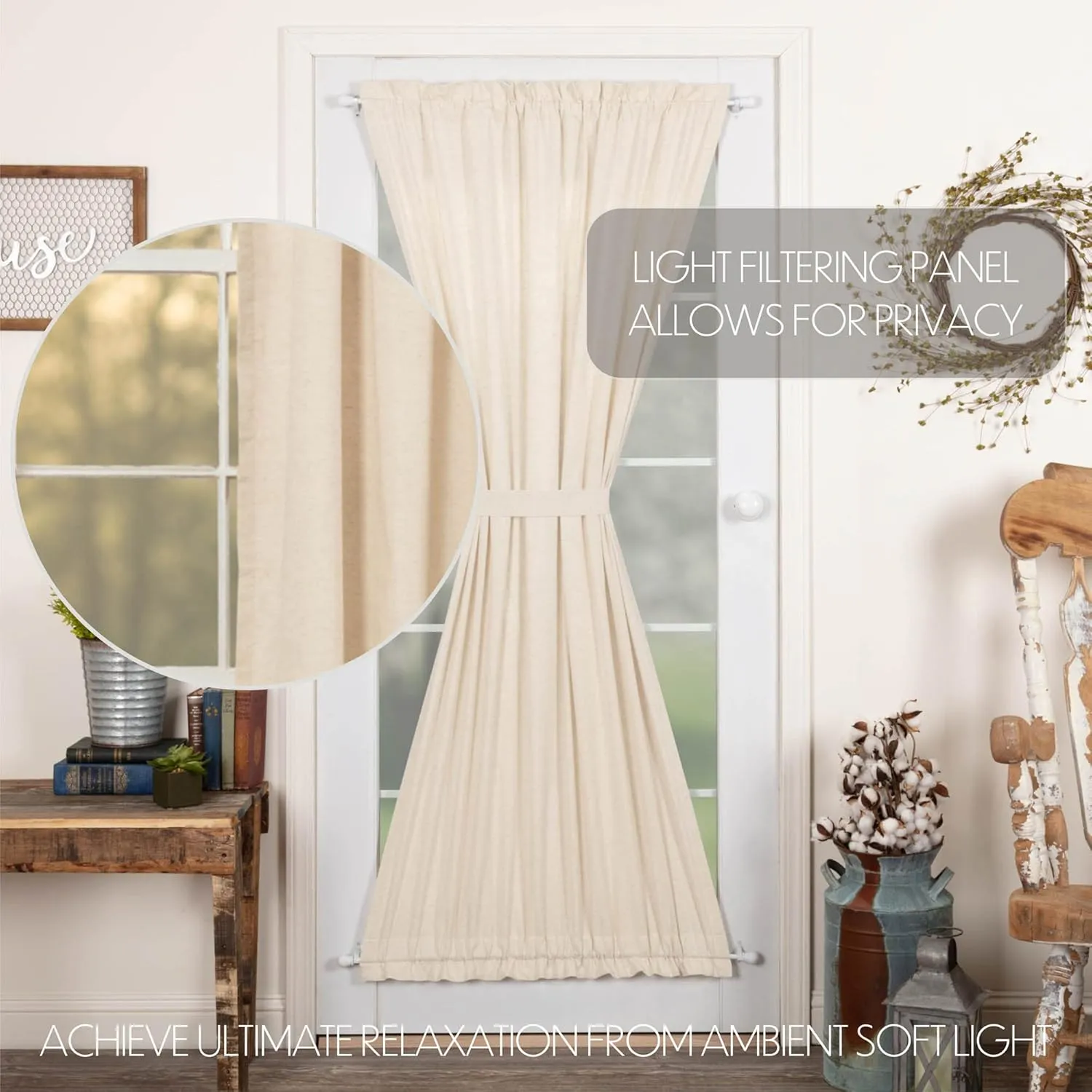 VHC Brands Simple Life Flax Natural Cotton Farmhouse French Door Panel Curtain for Patio Side Door 72x40