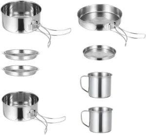VICASKY Stainless Steel Pot Set 5-6 Person Compact Camping Cookware Cooking Frying Pan Barbecue Cooking Tools for Hiking Fishing and Picnic