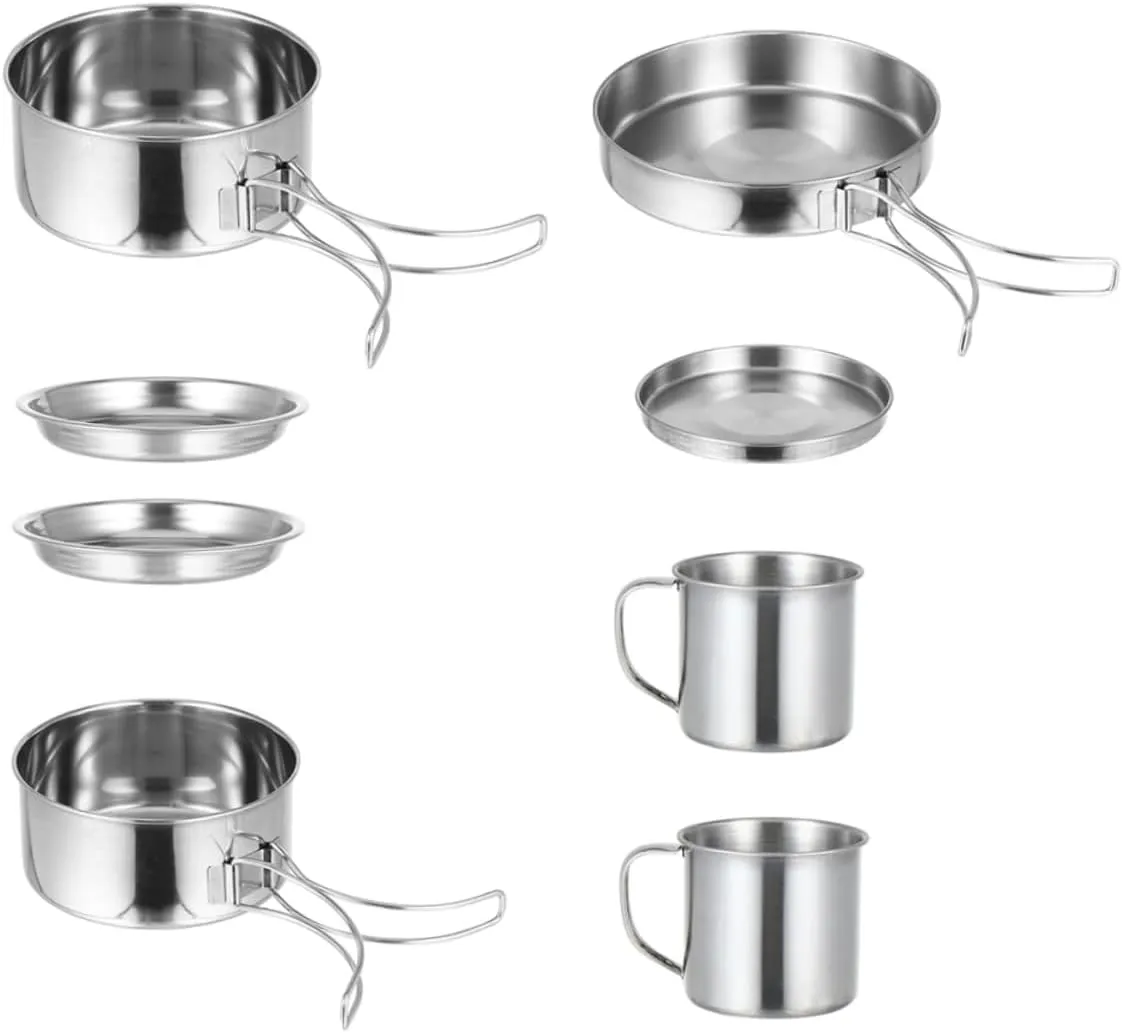 VICASKY Stainless Steel Pot Set 5-6 Person Compact Camping Cookware Cooking Frying Pan Barbecue Cooking Tools for Hiking Fishing and Picnic