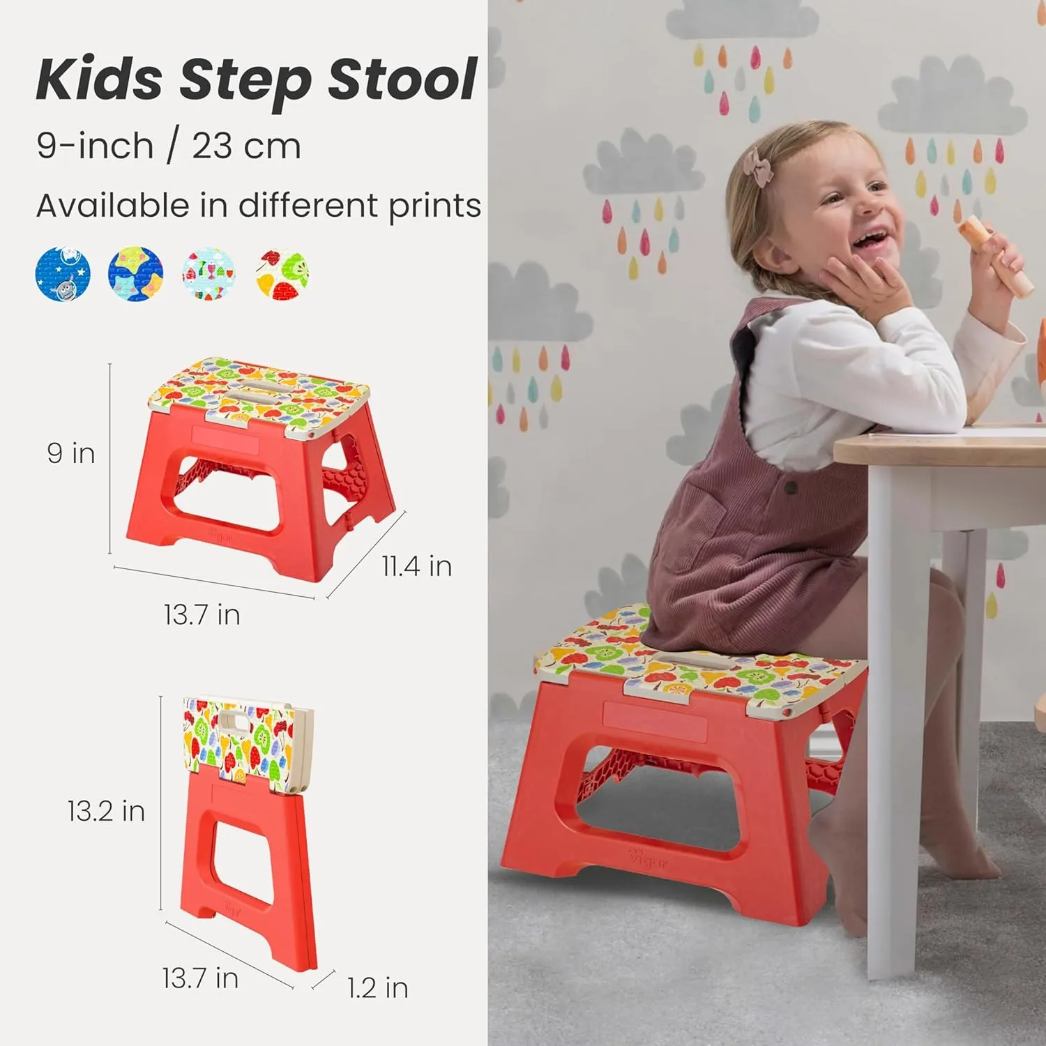 Vigar Compact Kids Stool, 9-inch Step Stool for Toddlers and Kids, Folding Stool up to 330 Pound, Lightweight Non-Slip Folding Step Stool, Fruits