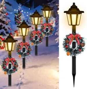 VIHOSE 4 Pcs 21.3 Inch Christmas Solar Pathway Lights Outdoor Waterproof Solar Christmas Street Lights with Ribbon Accessories Outdoor Lights for Yard Pathway Walkway Holiday Decor(Wreath)