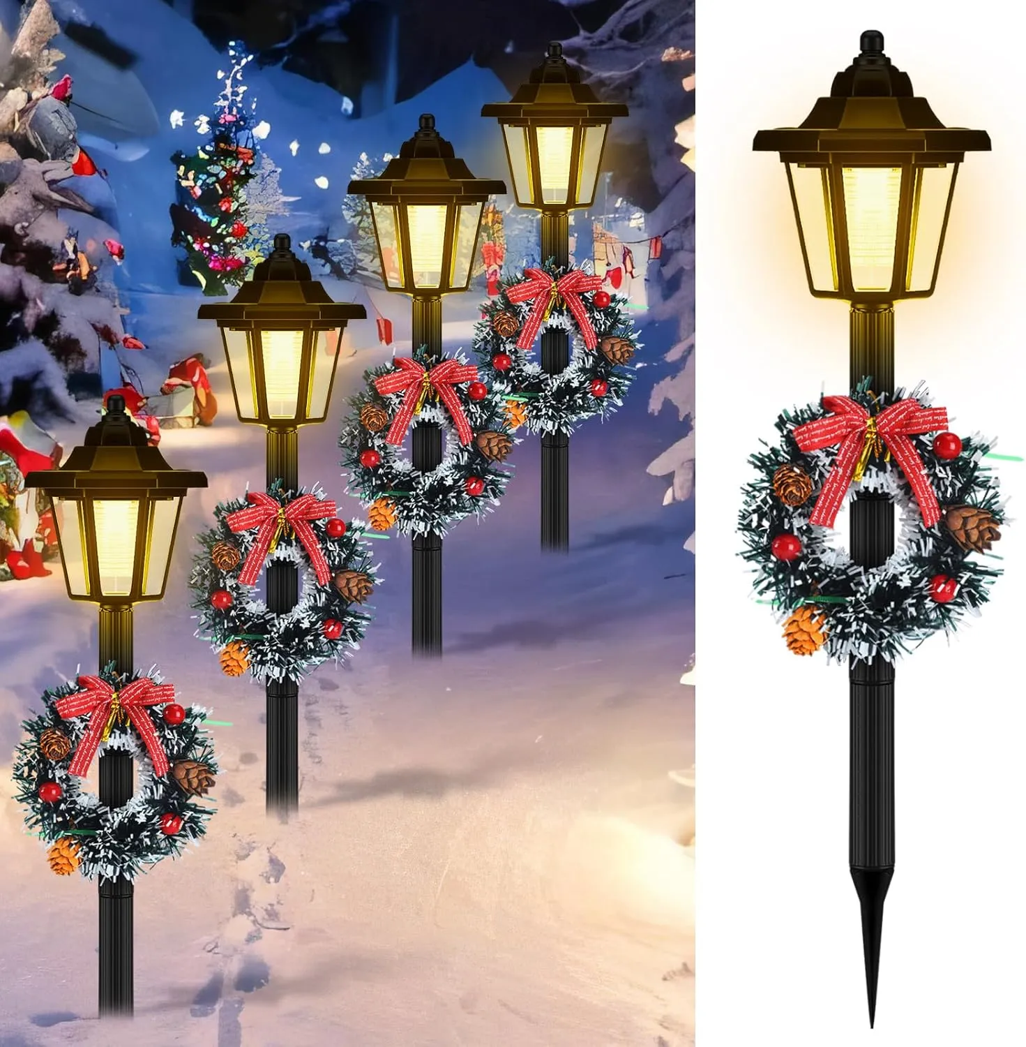 VIHOSE 4 Pcs 21.3 Inch Christmas Solar Pathway Lights Outdoor Waterproof Solar Christmas Street Lights with Ribbon Accessories Outdoor Lights for Yard Pathway Walkway Holiday Decor(Wreath)