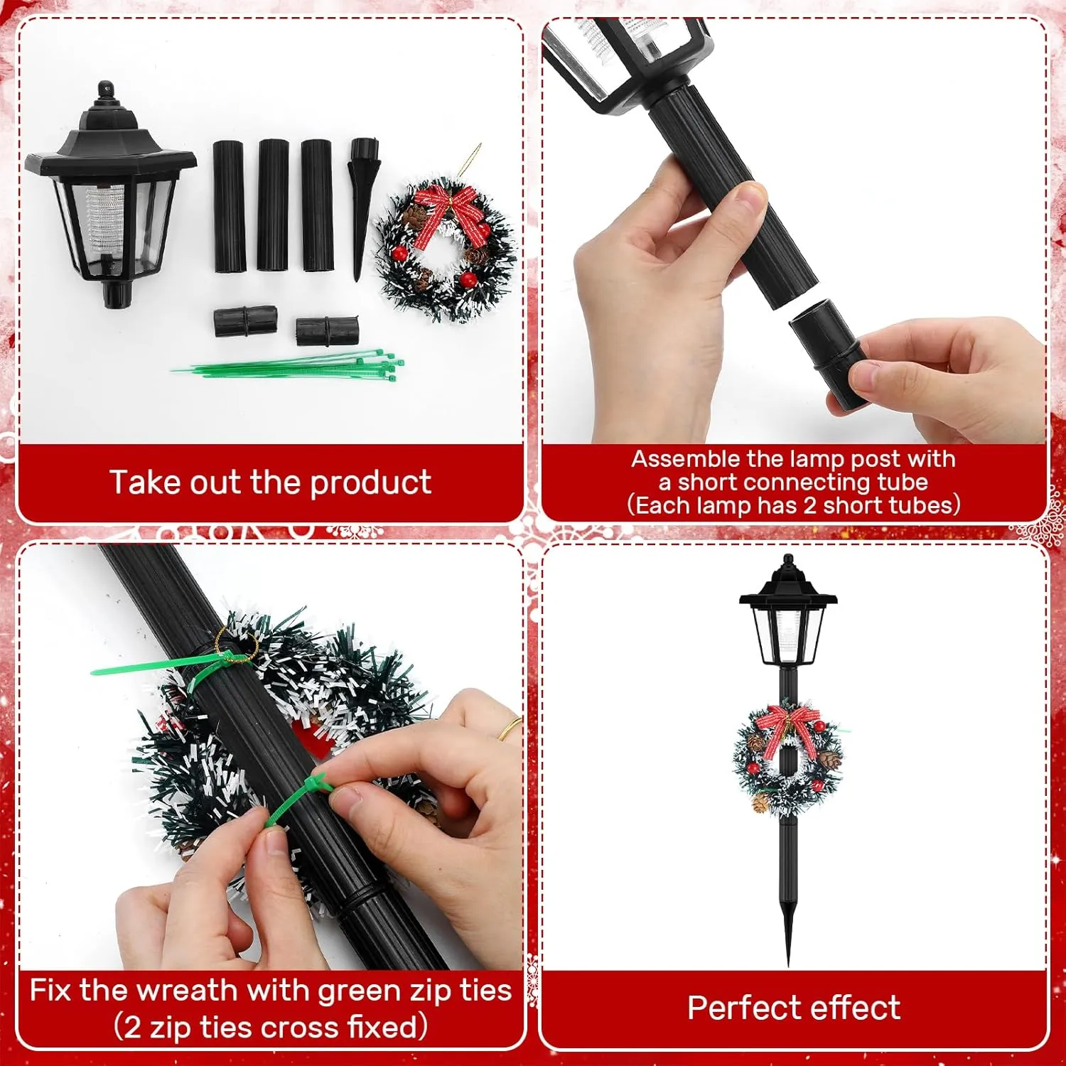VIHOSE 4 Pcs 21.3 Inch Christmas Solar Pathway Lights Outdoor Waterproof Solar Christmas Street Lights with Ribbon Accessories Outdoor Lights for Yard Pathway Walkway Holiday Decor(Wreath)