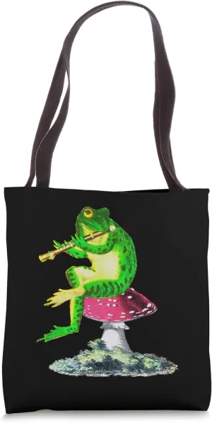 Vintage Goblincore Frog Sitting on Mushroom Playing Flute Tote Bag