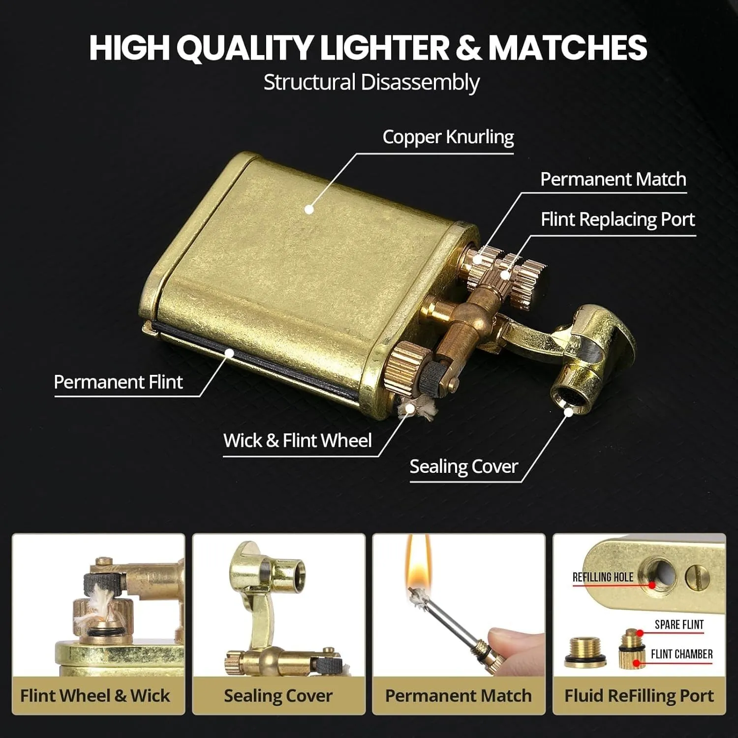 Vintage Lighter, Permanent Match Lighter, Cool Trench Lighter, Antique Lighter, Unique Lighters, Kerosene Lighter Fluid Reusable Waterproof Matches Lighters (No Oil) (Copper)