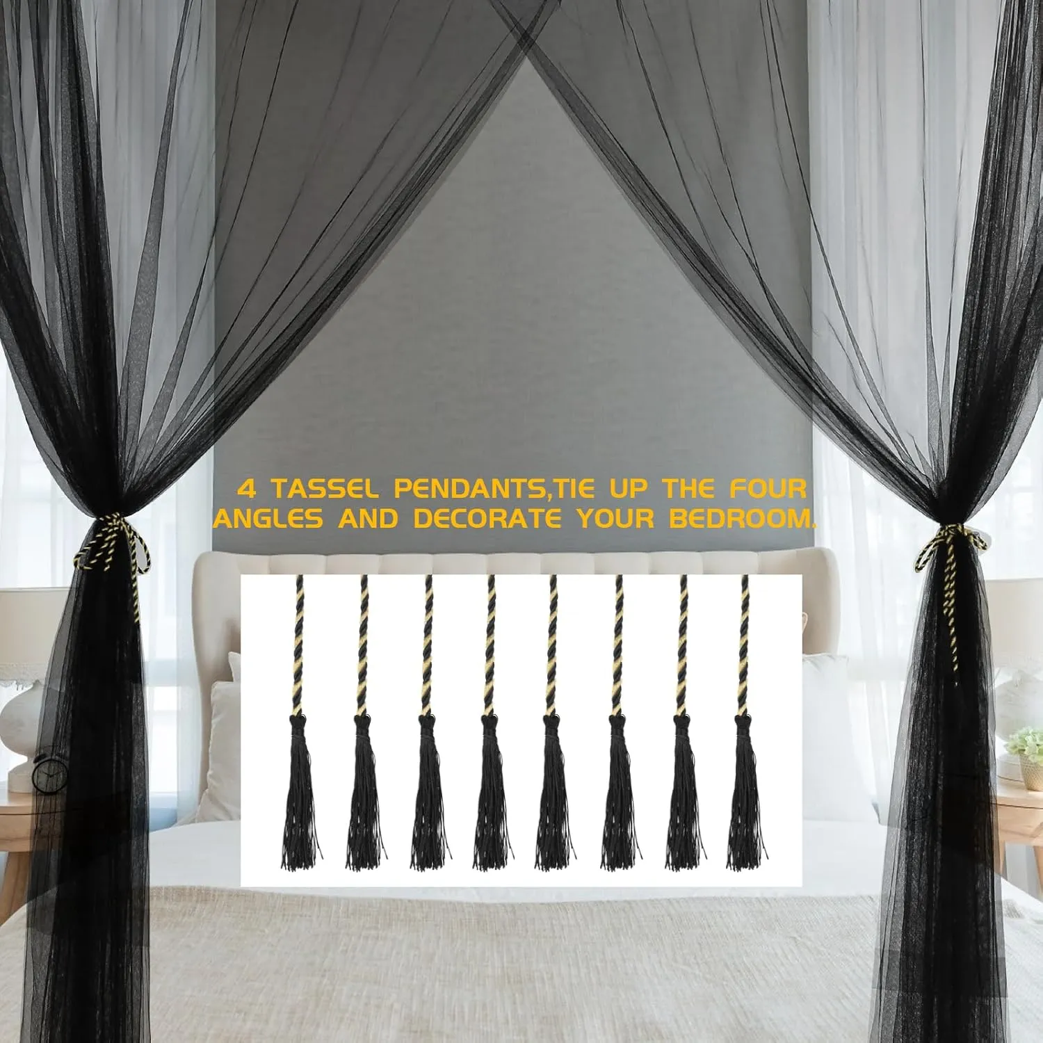 VISATOR Mosquito Net Bed Canopy,4 Corner Post Canopy Bed Curtains with 4 Hanging Hook,30ft Hanging Tether,4 Tassel Hanging Pendants and Storage Bag,Canopy Bed for Full/Queen/King Size