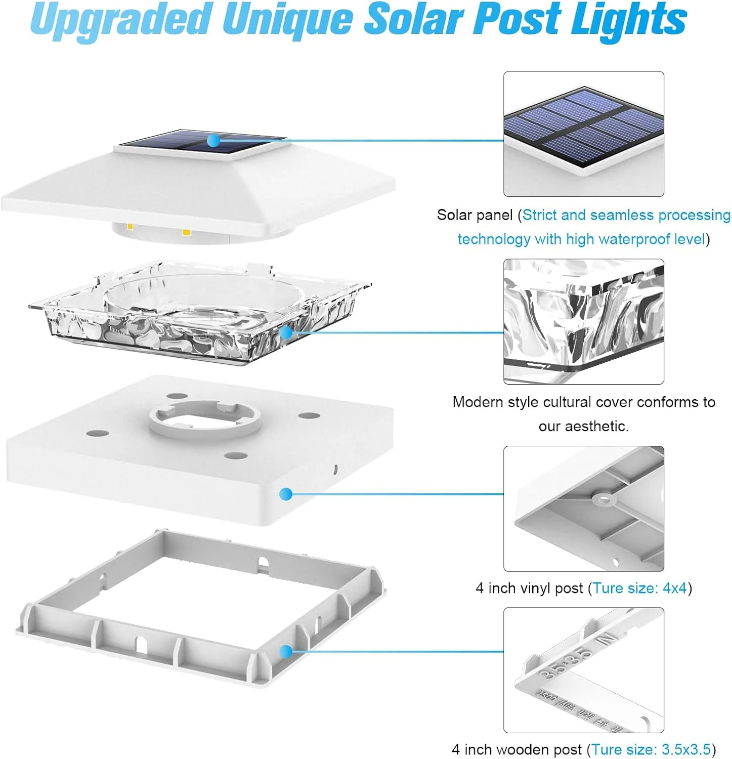 VOLISUN 4x4 Solar Post Cap Light 16pack,Solar Fence - Post Lights Outdoor Waterproof for Wooden/Vinyl,White Deck Cap Light Solar Powered with Warm White for Garden/Patio/Porch