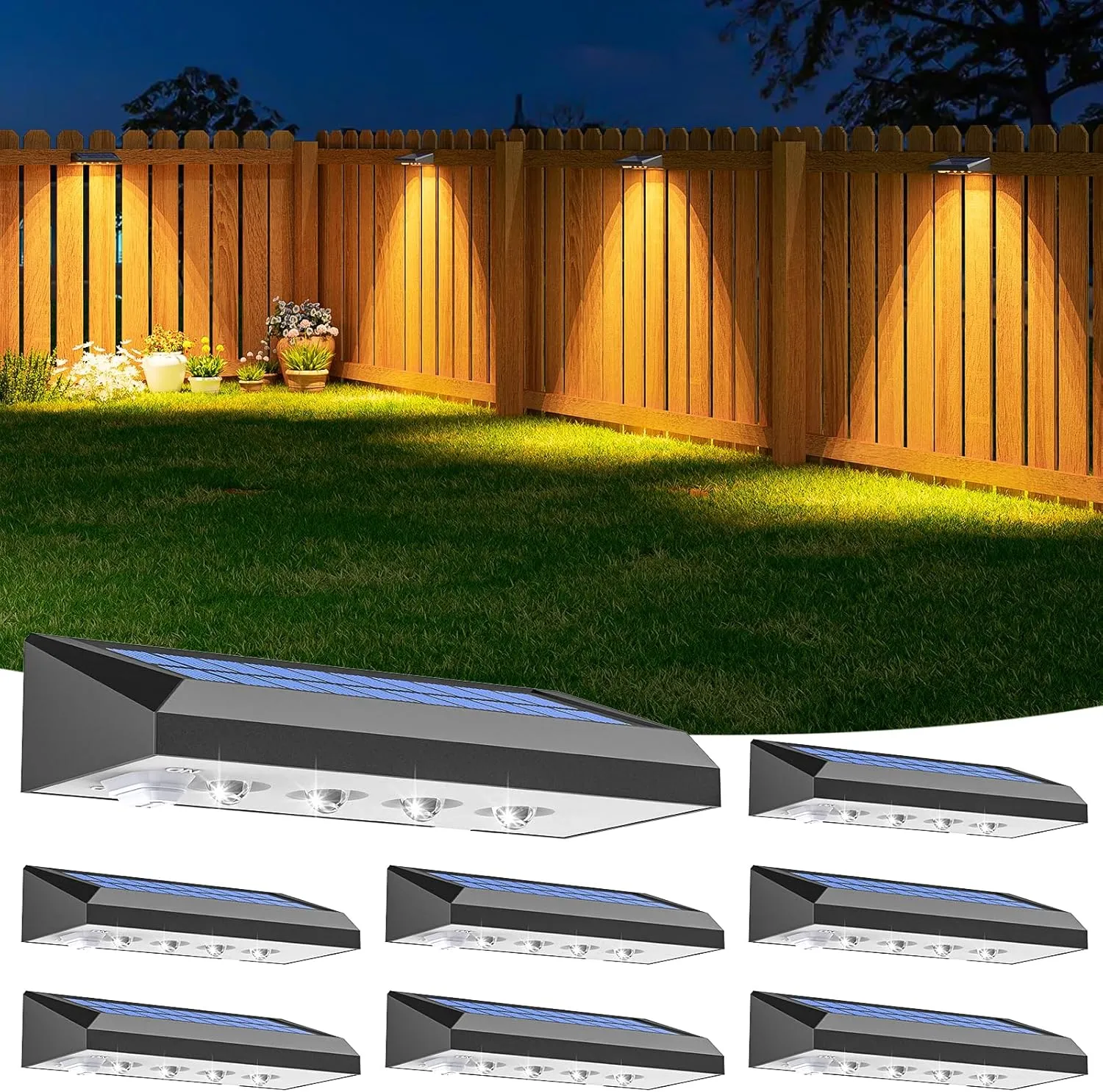 VOLISUN Solar Fence Lights 8-Pack - 100 Lumens Solar Powered Outdoor Lights, Weatherproof Warm White LED Auto On/Off for Fence, Deck, Yard, Patio & Garden (Dusk to Dawn)