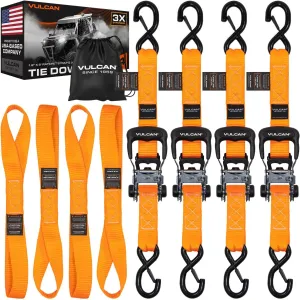 VULCAN Ratchet Strap Tie Down Kit - 1.6" x 8' - 3X Stronger Than 1" Tie Downs - Orange - (4) Ratchets with Rubber Handles, (4) 8' Straps with Latching S-Hooks, (4) Soft Loop Tie-Down Extensions