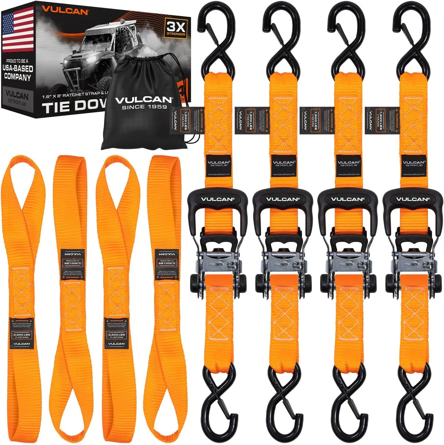 VULCAN Ratchet Strap Tie Down Kit - 1.6" x 8' - 3X Stronger Than 1" Tie Downs - Orange - (4) Ratchets with Rubber Handles, (4) 8' Straps with Latching S-Hooks, (4) Soft Loop Tie-Down Extensions