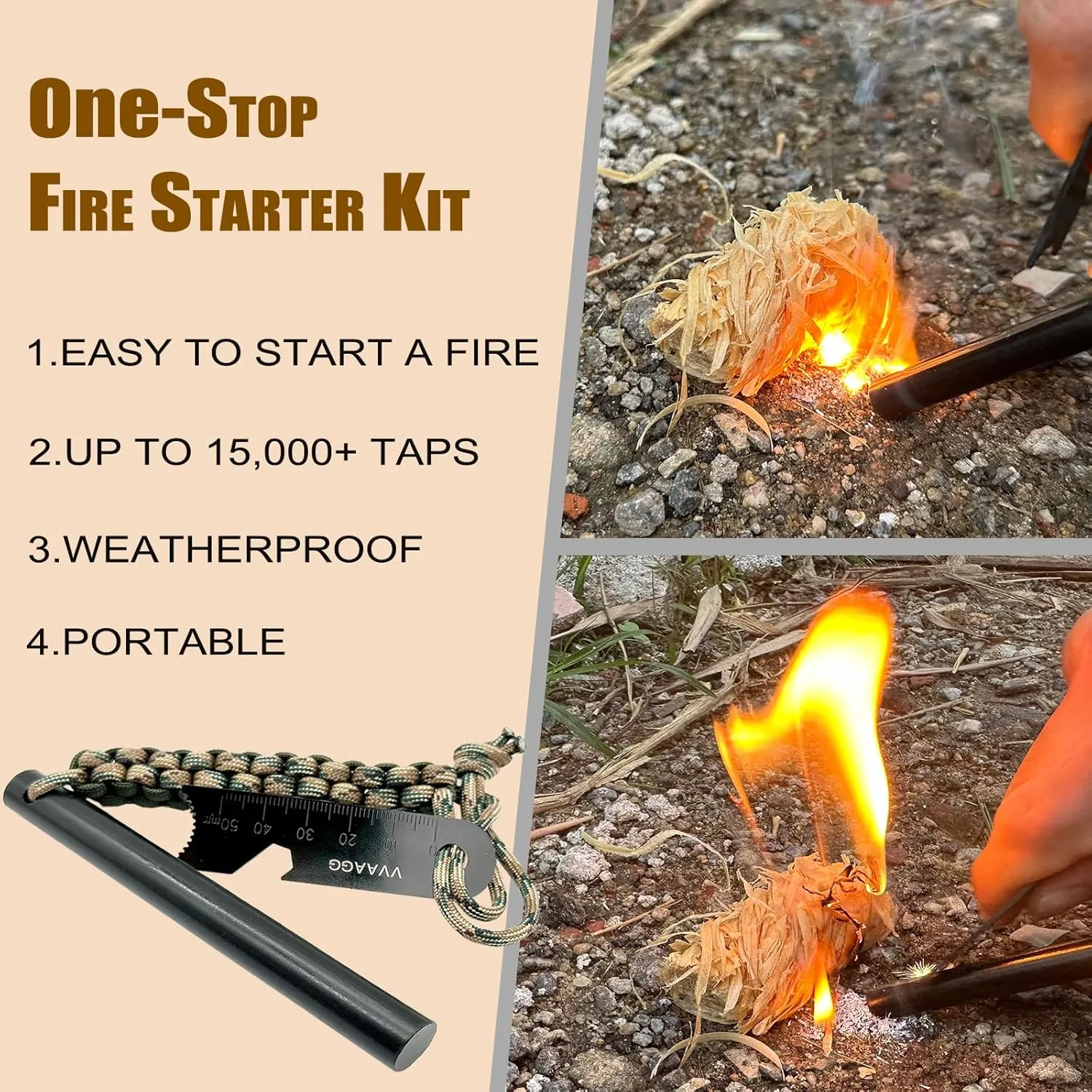 VVAAGG Flint and Steel Fire Starter Kit Survivor, 3/8" 1/2 inch Ferro Rods and Magnesium Rods with Paracord Handle