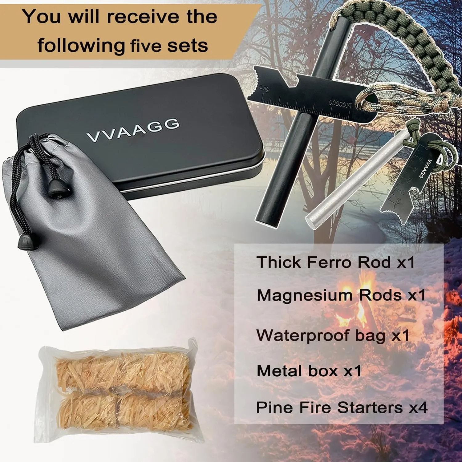 VVAAGG Flint and Steel Fire Starter Kit Survivor, 3/8" 1/2 inch Ferro Rods and Magnesium Rods with Paracord Handle
