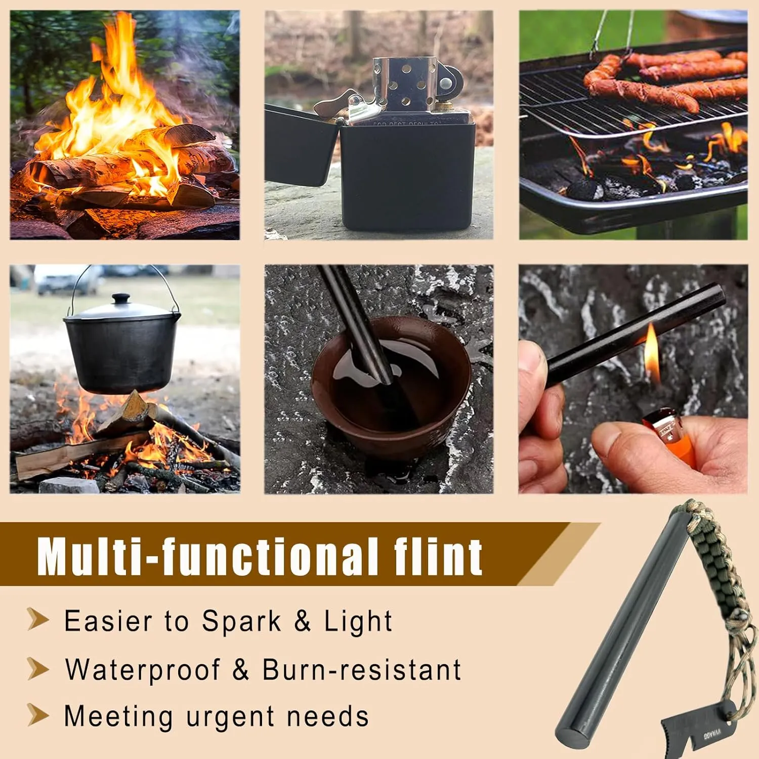 VVAAGG Flint and Steel Fire Starter Kit Survivor, 3/8" 1/2 inch Ferro Rods and Magnesium Rods with Paracord Handle