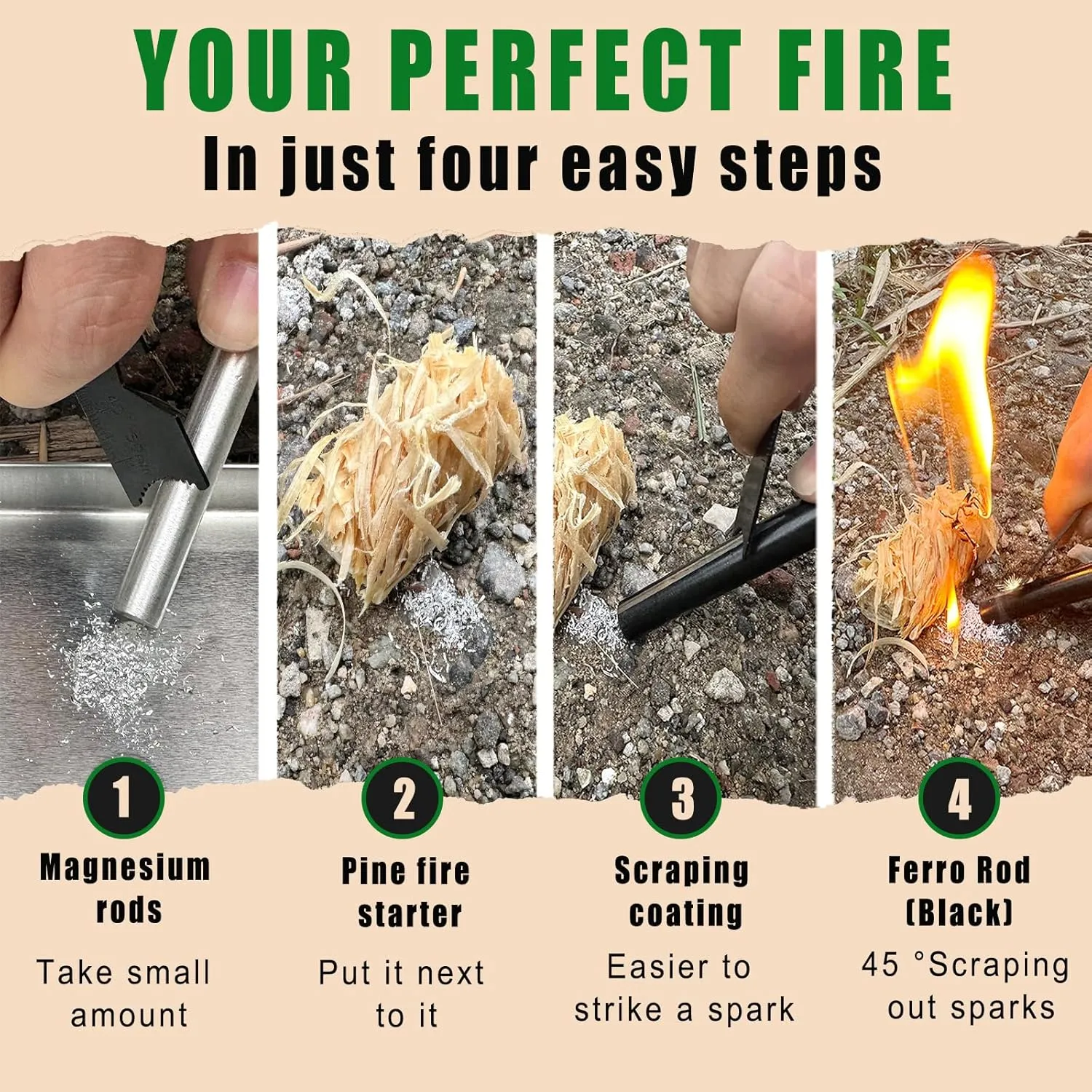 VVAAGG Flint and Steel Fire Starter Kit Survivor, 3/8" 1/2 inch Ferro Rods and Magnesium Rods with Paracord Handle