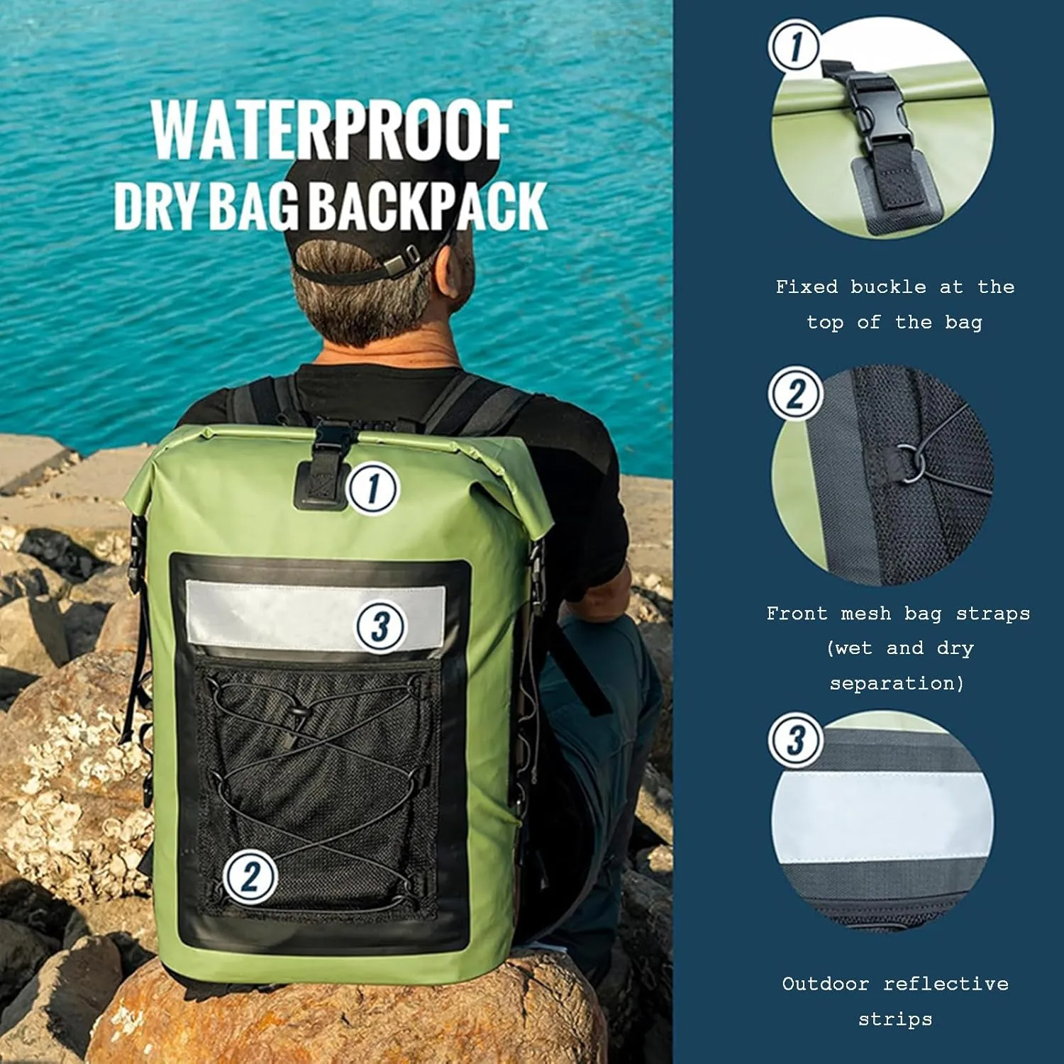 Waterproof Backpack 35 L PVC Lightweight Front Mesh Pocket Dry Bag for Kayaking, Travel, Hiking, Boating,Black