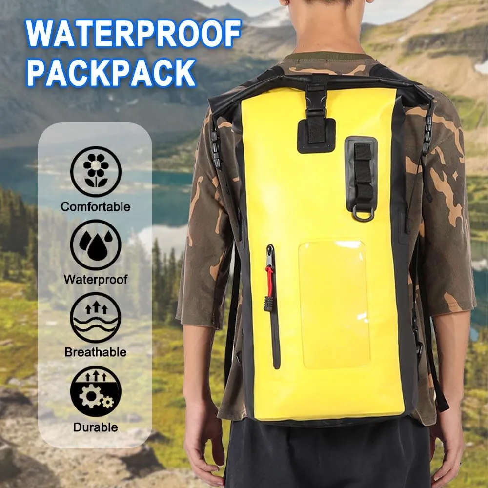 Waterproof Backpack, Roll-Top Dry Bag Waterproof Backpack Heavy Duty Roll-Top Closure Swim Bag with Front-Zipper Pocket