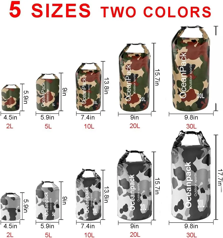 Waterproof Dry Bag 2L/5L/10L/20L/30L, Dry Sack for Kayaking Rafting Boating Beach Surfing Swimming, Camping, Hiking, Beach, Fishing Green Backpack with Waterproof Phone Case