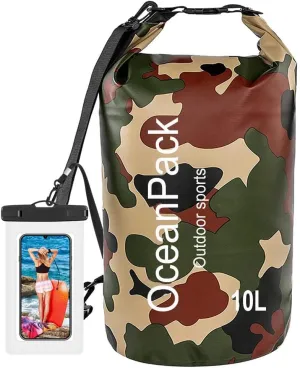 Waterproof Dry Bag 2L/5L/10L/20L/30L, Dry Sack for Kayaking Rafting Boating Beach Surfing Swimming, Camping, Hiking, Beach, Fishing Green Backpack with Waterproof Phone Case