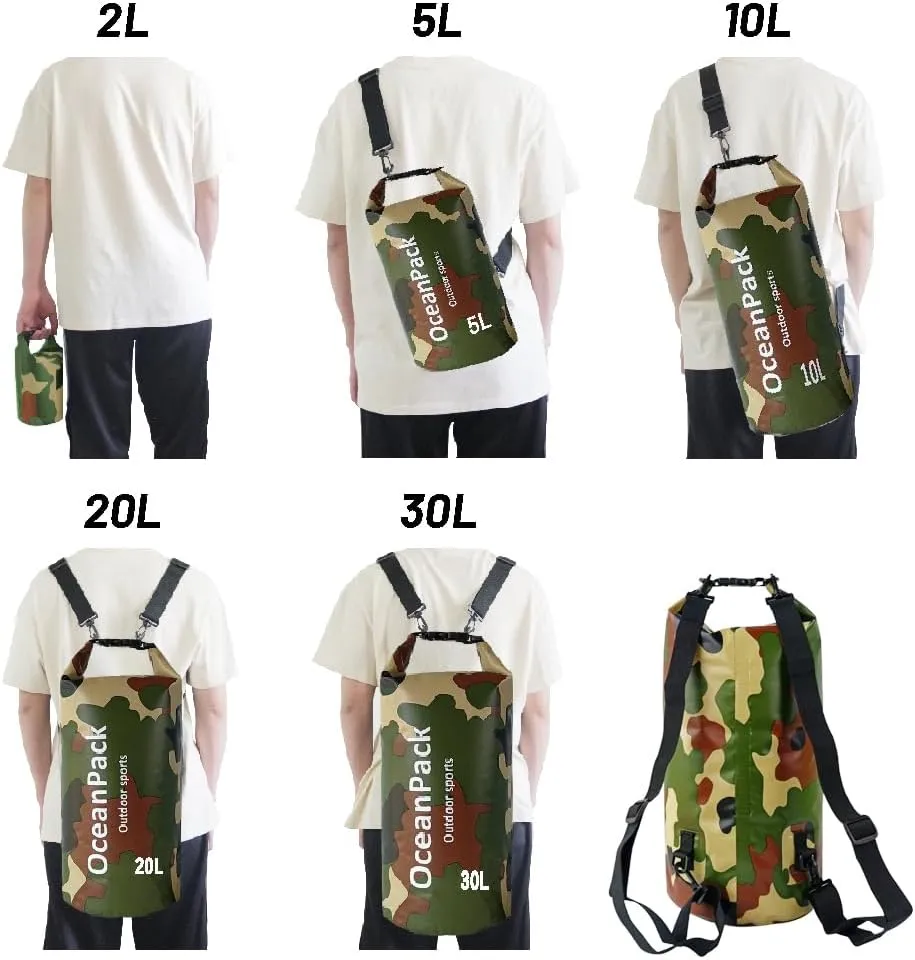 Waterproof Dry Bag 2L/5L/10L/20L/30L, Dry Sack for Kayaking Rafting Boating Beach Surfing Swimming, Camping, Hiking, Beach, Fishing Green Backpack with Waterproof Phone Case