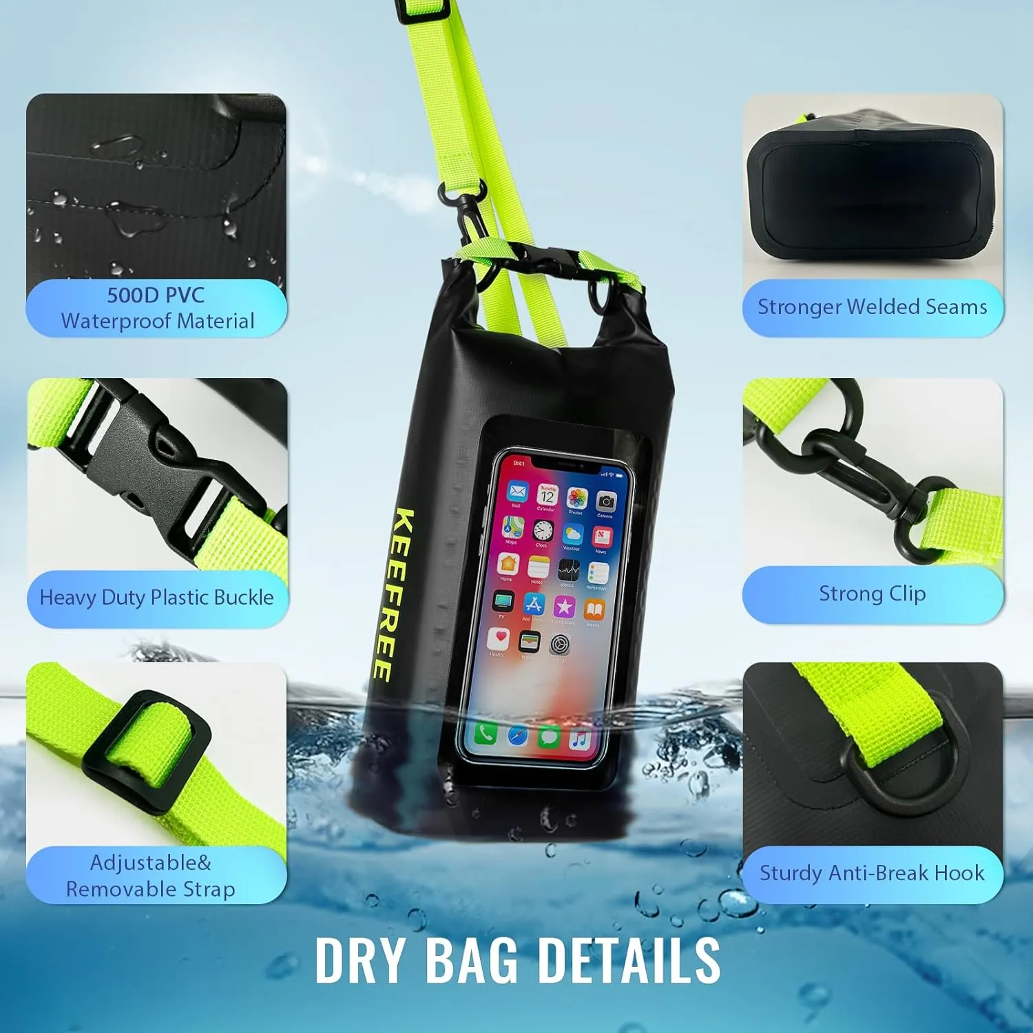 Waterproof Dry Bag,Roll Top Waterproof Backpack Phone Case Pouch for Travel,Kayaking,Rafting,Camping,Surfing,Boating,Hiking,Beach and Fishing (2 L Black Green)