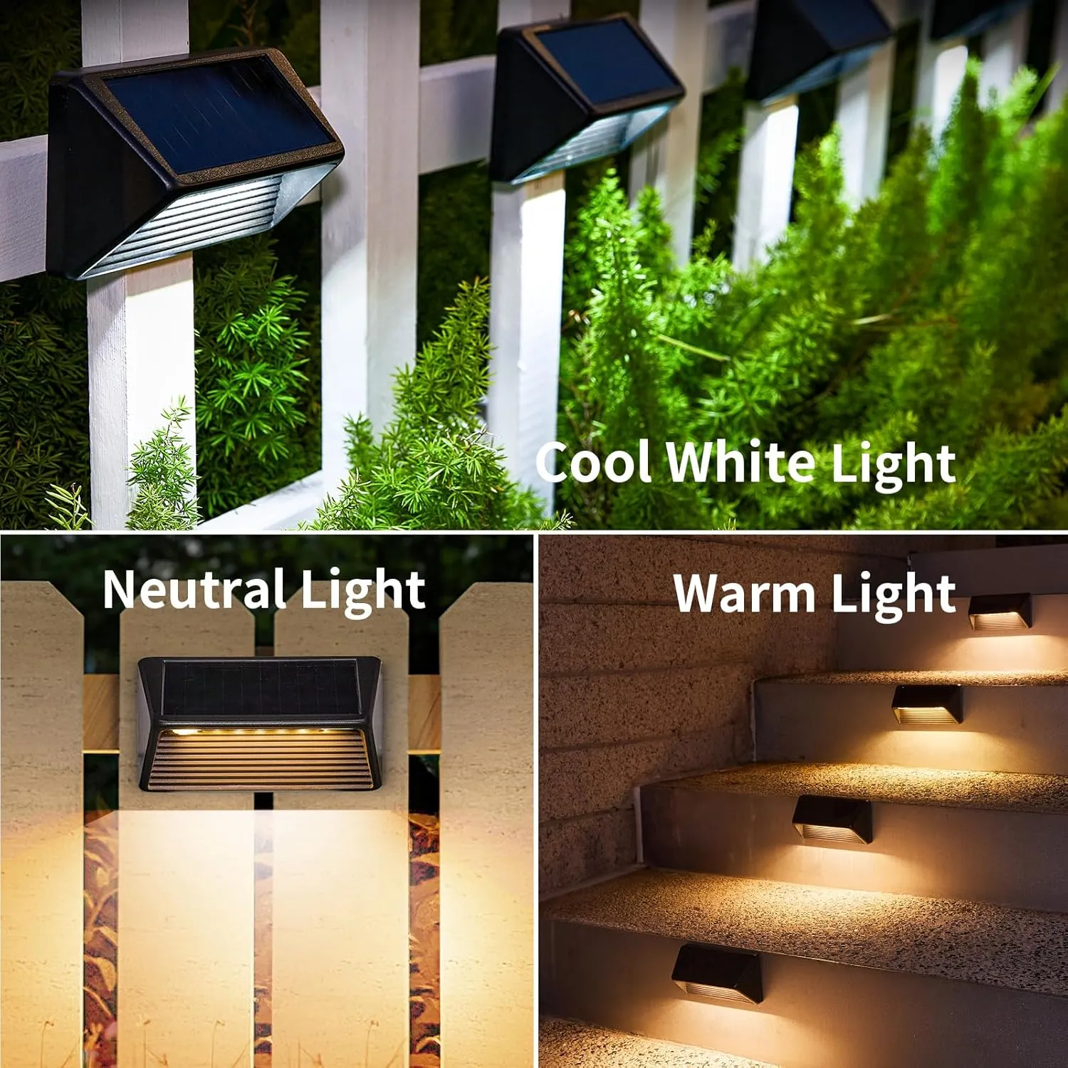 WdtPro Solar Fence Lights Outdoor, 12 Pack Bright Led Lights Solar Powered for Step, Wall, Stairs, Patio, Yard (White/Warm White/Neutral)