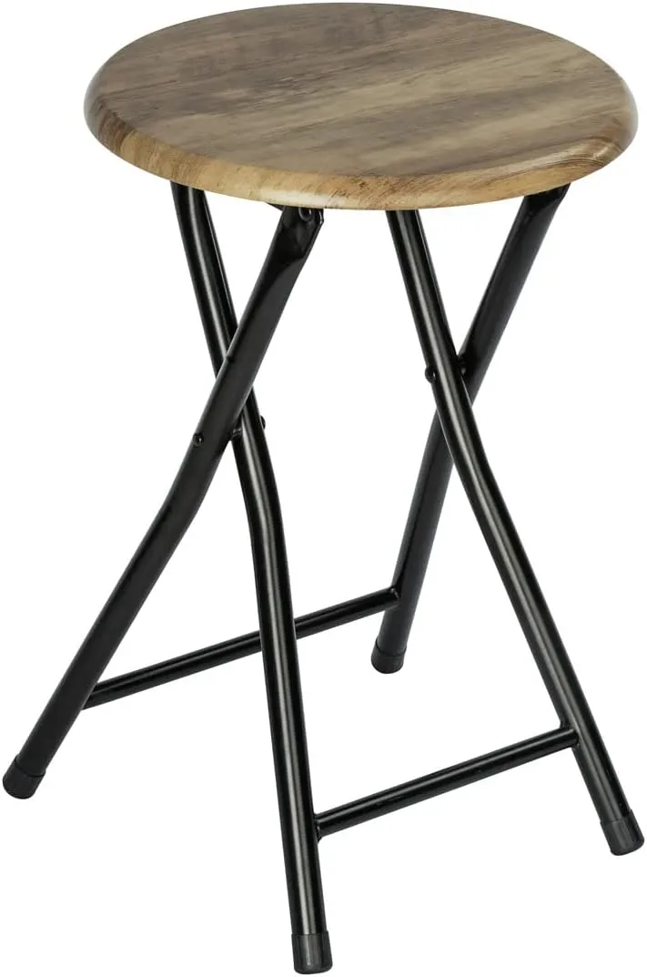 WENKO Forio Folding Bathroom Stool - Small Industrial Design or Plant Stool with Loft Character, Painted Steel with MDF Seat, Diameter 30 x Height 46 cm, Black/Brown