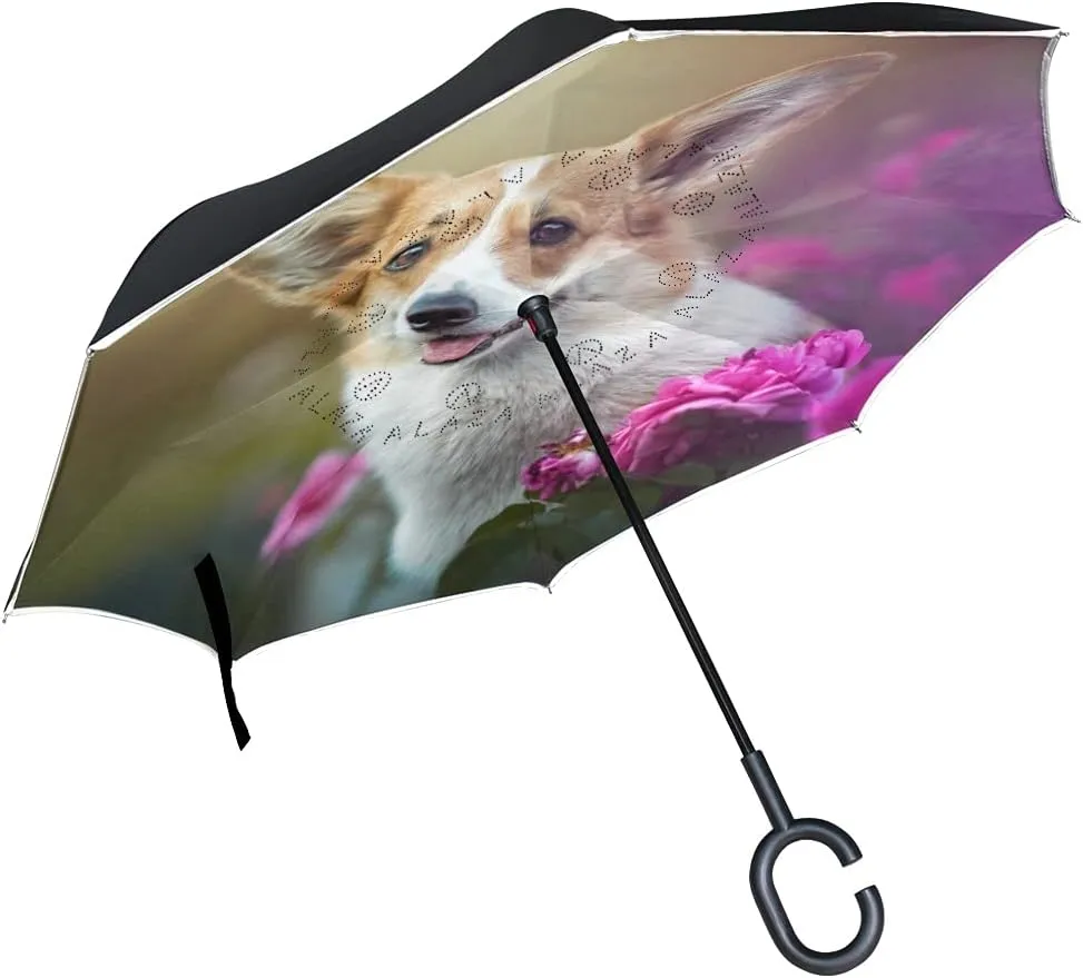 White Brown Corgi Dog Flower Plants Reverse Inverted Inside Out Umbrella Cars Unigue Windproof UV Proof Double Layer for Women