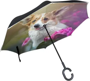 White Brown Corgi Dog Flower Plants Reverse Inverted Inside Out Umbrella Cars Unigue Windproof UV Proof Double Layer for Women