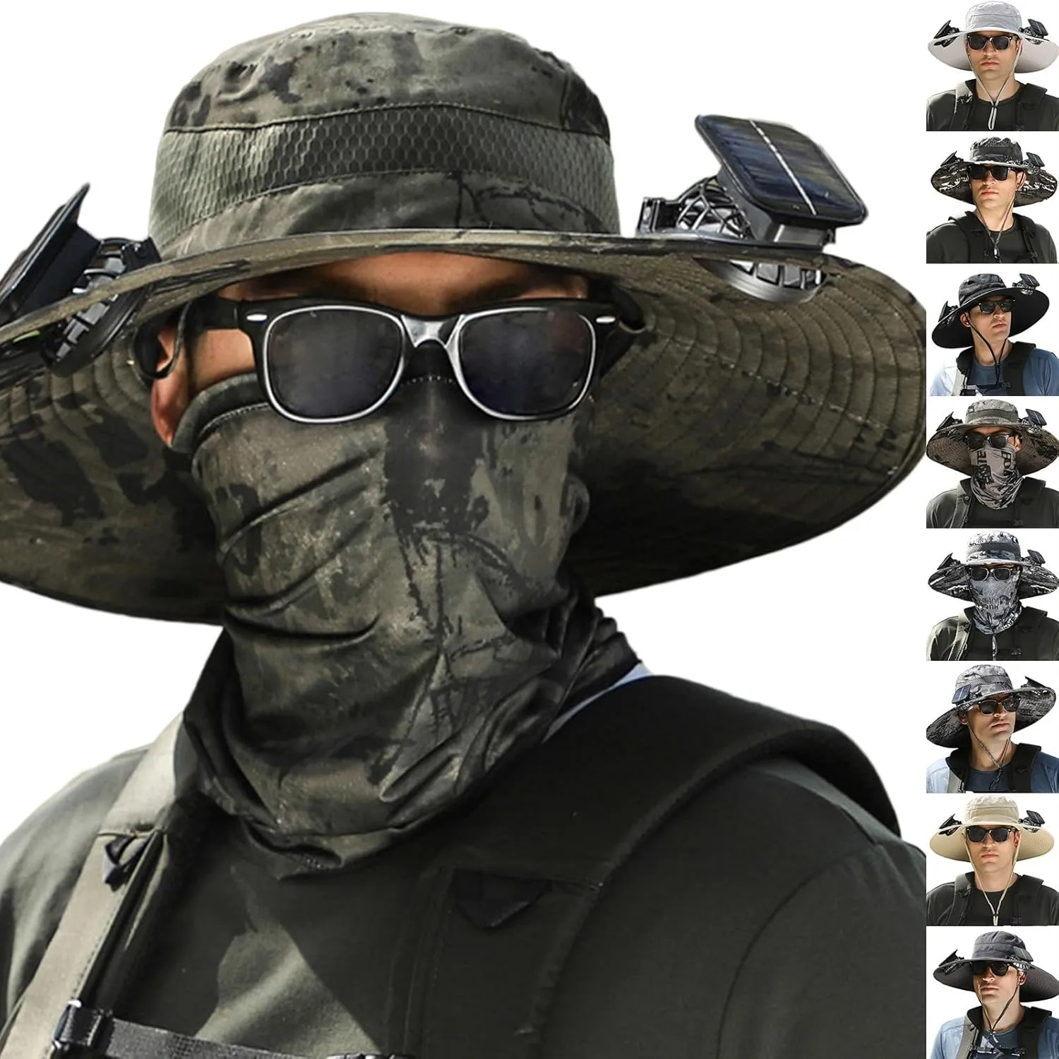 Wide Brim Solar Fan Hat, UPF 50  Bucket Hat with Solar Powered Fans for Outdoor Hiking Fishing Camping Beach