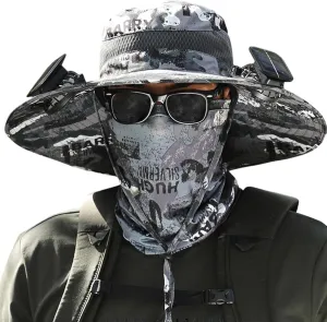 Wide Brim Solar Fan Hat, UPF 50  Solar Power Fan Bucket Hat for Hiking Beach Camping Outdoor Fishing
