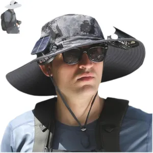 Wide Brim Solar Fan Outdoor Fishing Hat-Solar & USB Charging, Solar Fan Hat Hat with Fan Built in