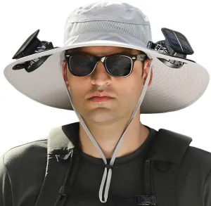 Wide Brim Solar Fan Outdoor Hat, UPF 50  Solar Power Fan Bucket Hat for Camping Fishing Hiking Beach Outdoor