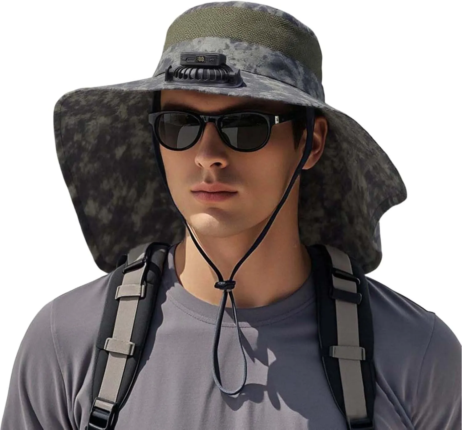 Wide Brim Solar Powered Fan Hat, UPF 50  Solar Power Fan Bucket Hats for Camping Outdoor Hiking Fishing Beach