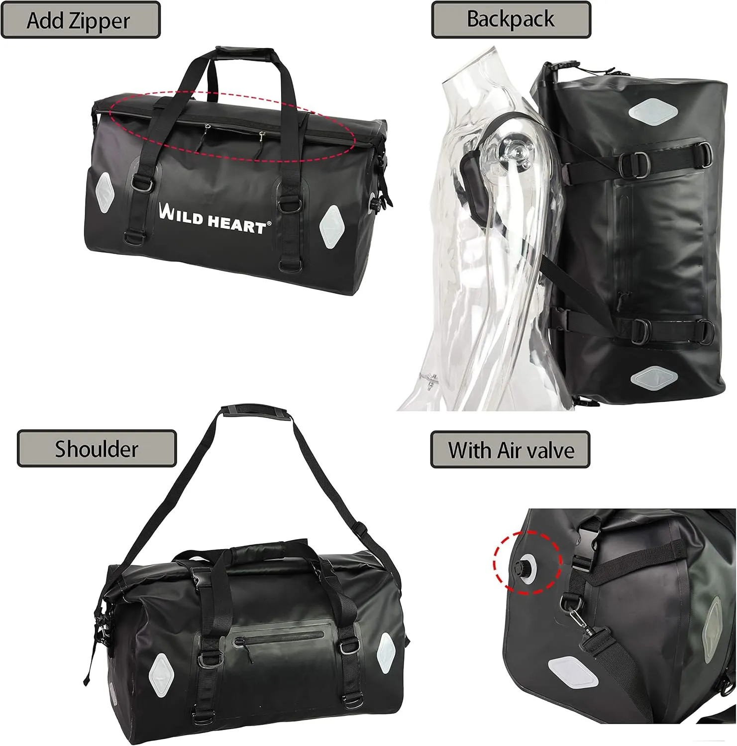WILD HEART Waterproof Bag 55L 66L 77L Motorcycle Dry Duffel Bag for Travel,Motorcycling, Cycling,Hiking,Camping (66L, Grey)
