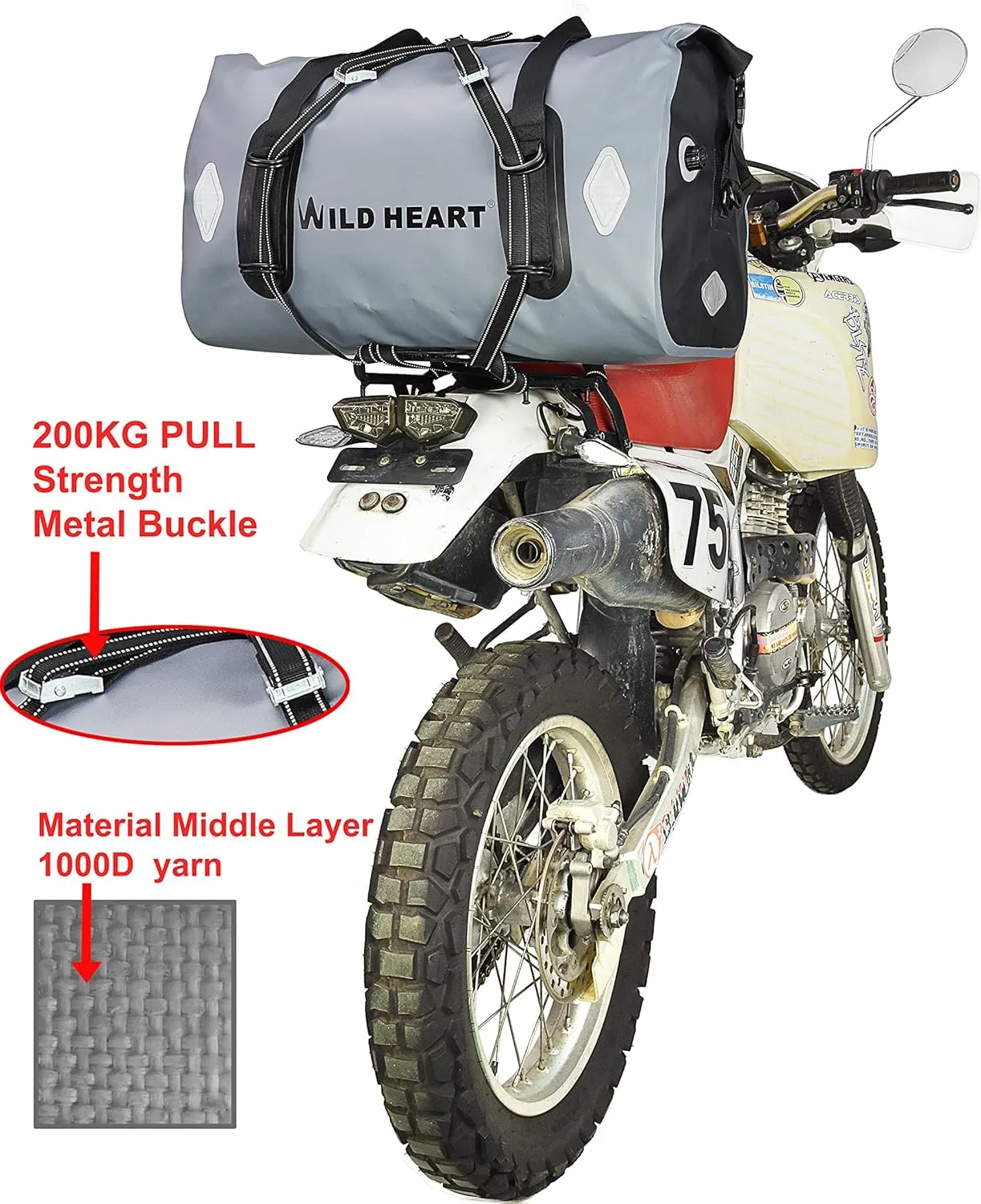 WILD HEART Waterproof Bag 55L 66L 77L Motorcycle Dry Duffel Bag for Travel,Motorcycling, Cycling,Hiking,Camping (66L, Grey)