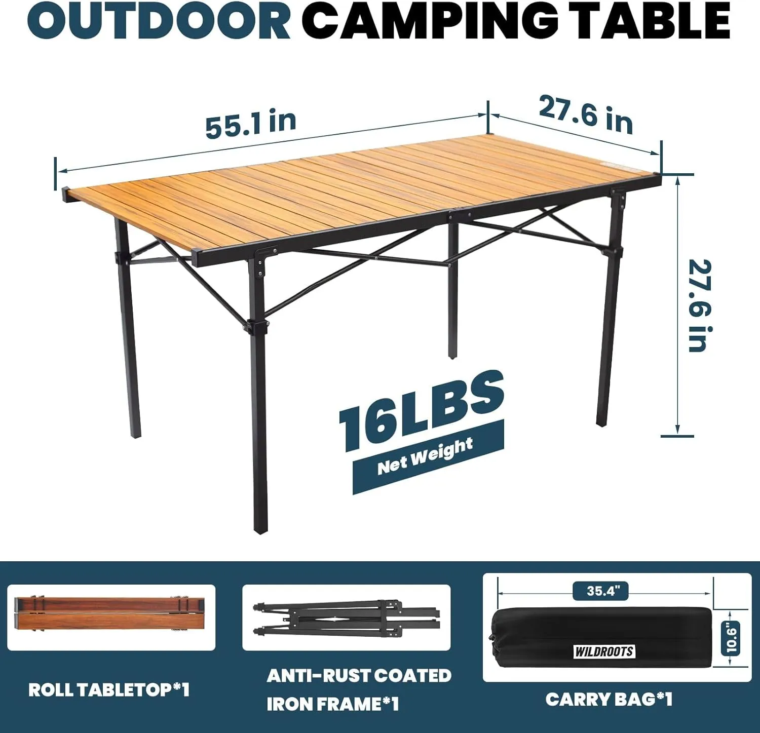 WILDROOTS Folding Camping Wood Grain Brown Table with Carry Bag, Lightweight Aluminum Table for Outdoor, Camping, Picnic, Cooking, Backyards, BBQ (XL)
