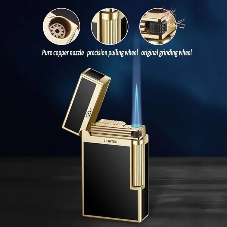 Windproof Straight Jet Flame Torch Lighter, Candle Cigar Outdoor I Camping Lighter, Classic Flip Sound, Side Pulley Flint Ignition, Nano Paint Metal Inflatable Lighter, Men'S Gift and Collection Gift(