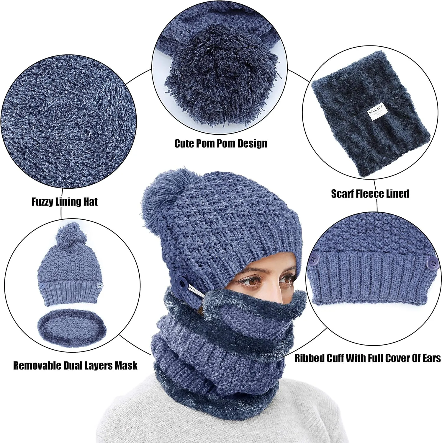 Winter Beanie Hat Scarf and Mask Set for Women, Thick Warm Slouchy Knit Fleece Lined Skull Knit Cap Scarf Mouth Mask 3 Pieces