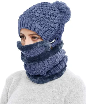 Winter Beanie Hat Scarf and Mask Set for Women, Thick Warm Slouchy Knit Fleece Lined Skull Knit Cap Scarf Mouth Mask 3 Pieces