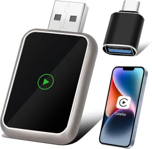 Wireless CarPlay Adapter, iPhone, Apple Devices, 2016  Cars, Factory Wired CarPlay, Bluetooth 5.3, 5.8GHz, Automatic Connection, Aluminum Design, USB/Type-C, Lag-Free